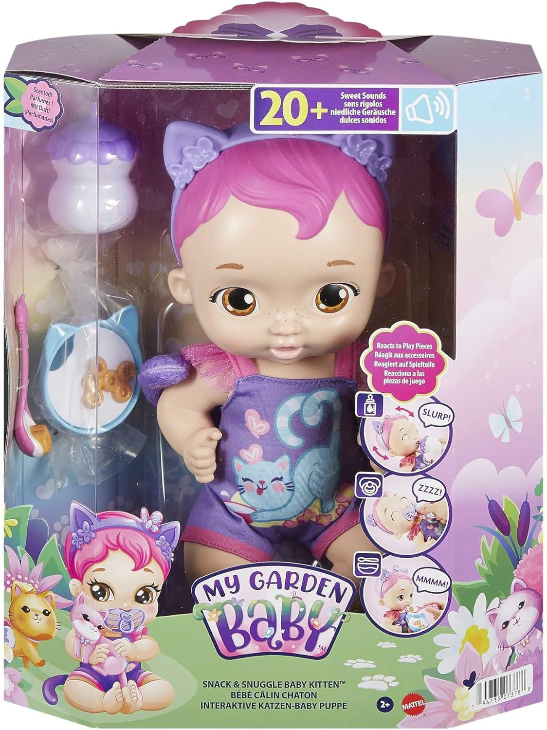 My Garden Baby HHP28 - Păpușă pisică (păr albastru) cu urechi de pisică și mai mult de 20 de zgomote, incl. 5 accesorii, jucărie interactivă pentru copii de la 3 ani în sus Papusi Naty Shop