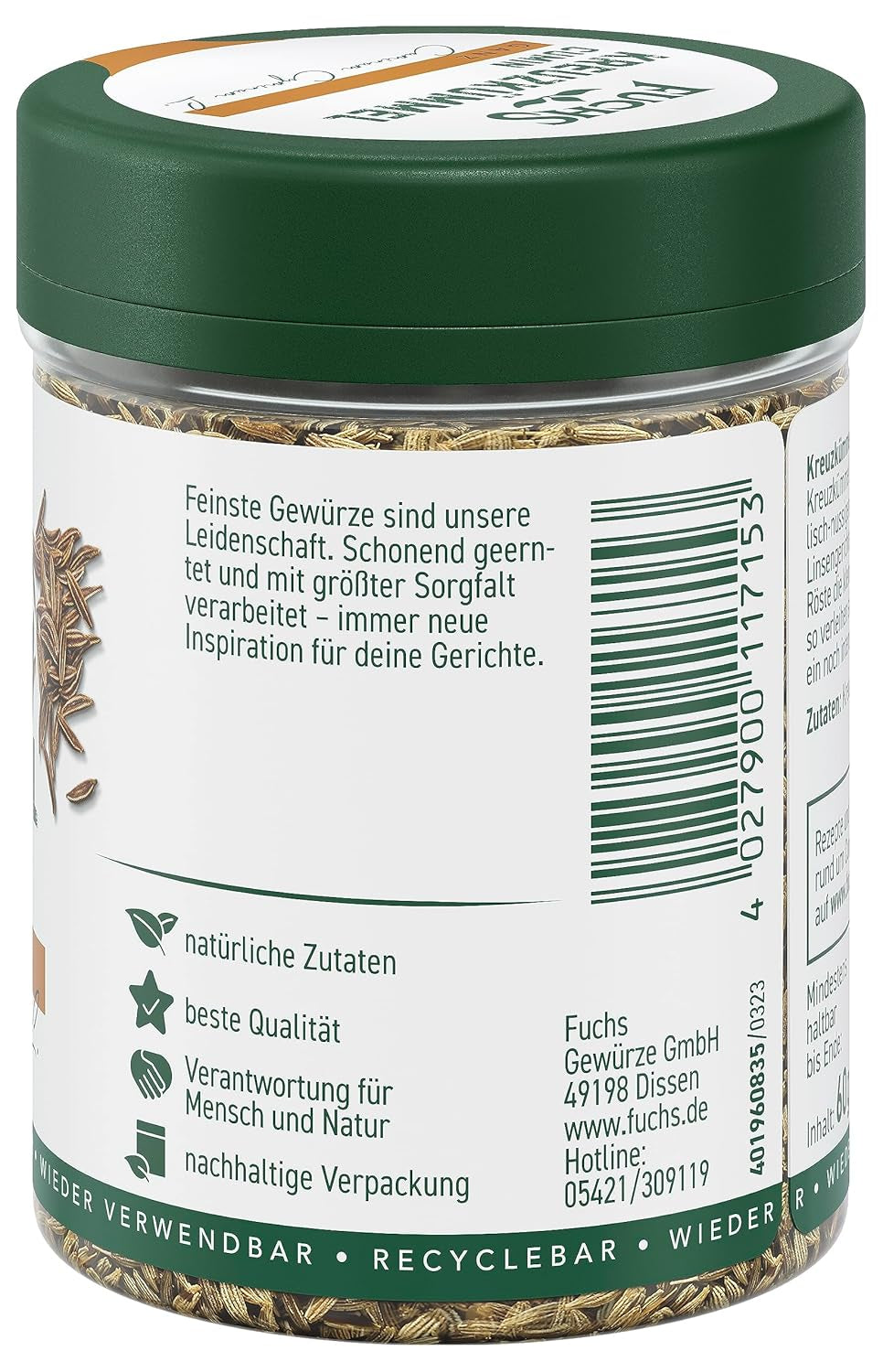 Fuchs Gewürze - Kreuzkümmel ganz - orientalisch-nussige Note für Falafel und Linsengerichte - natural ingredients - 60 g in wiederverwendbarer, recyclebarer Dose