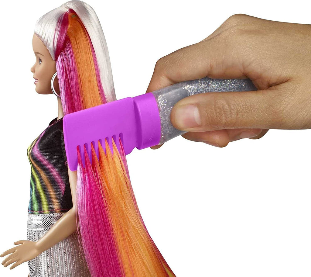 Barbie FXN96 - Rainbow Glitter Hair Doll cu păr blond lung, curcubeu ascuns de cinci culori, gel cu sclipici, perie de păr, accesoriu pentru coafat, cadou de jucărie pentru copii de la 5 ani în sus Papusi Naty Shop