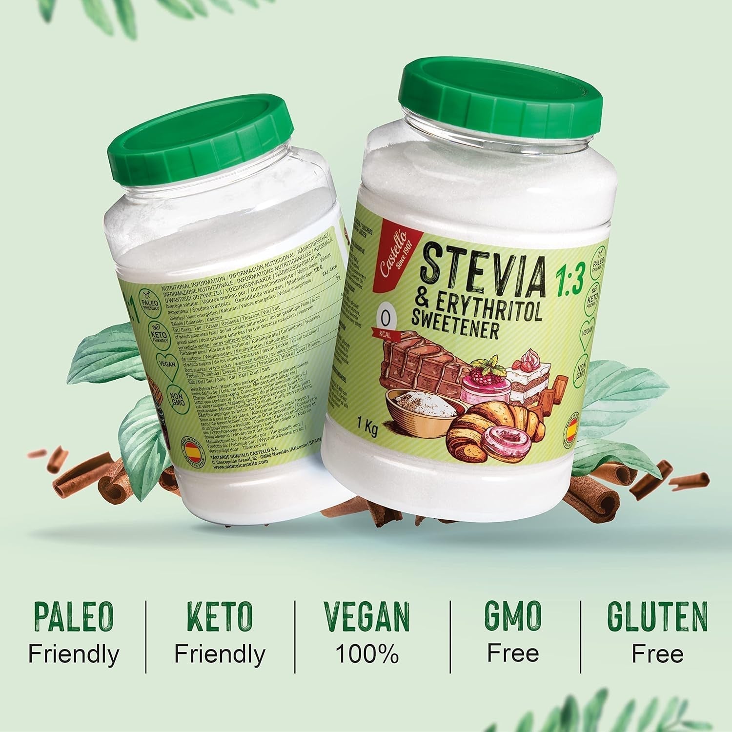 Stevia + Erythritol 1:3 Süßstoff | 1G = 3G Zucker | 100% Natürlicher Zuckerersatz - 0 Kalorien - 0 Glykämischer Index - Keto Und Paleo - 0 Netto-Kohlenhydrate - Kein GVO - Castello since 1907-1 Kg Sweeteners Naty Shop