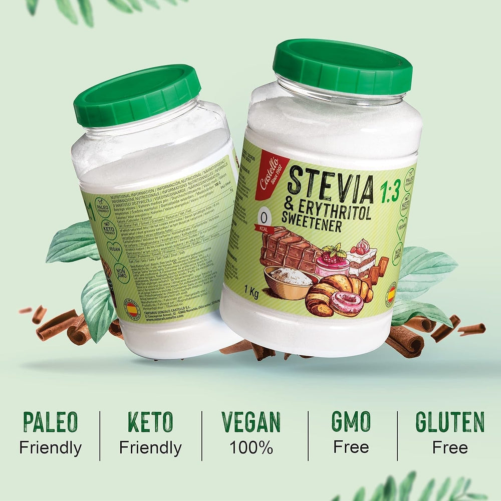 Stevia + Erythritol 1:3 Süßstoff | 1G = 3G Zucker | 100% Natürlicher Zuckerersatz - 0 Kalorien - 0 Glykämischer Index - Keto Und Paleo - 0 Netto-Kohlenhydrate - Kein GVO - Castello since 1907-1 Kg Sweeteners Naty Shop