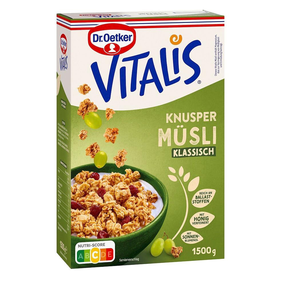 Dr. Oetker Vitalis Classic Crispy Muesli: Large Pack of Crispy Breakfast Muesli with Raisins, 1 Pack, 1.5kg