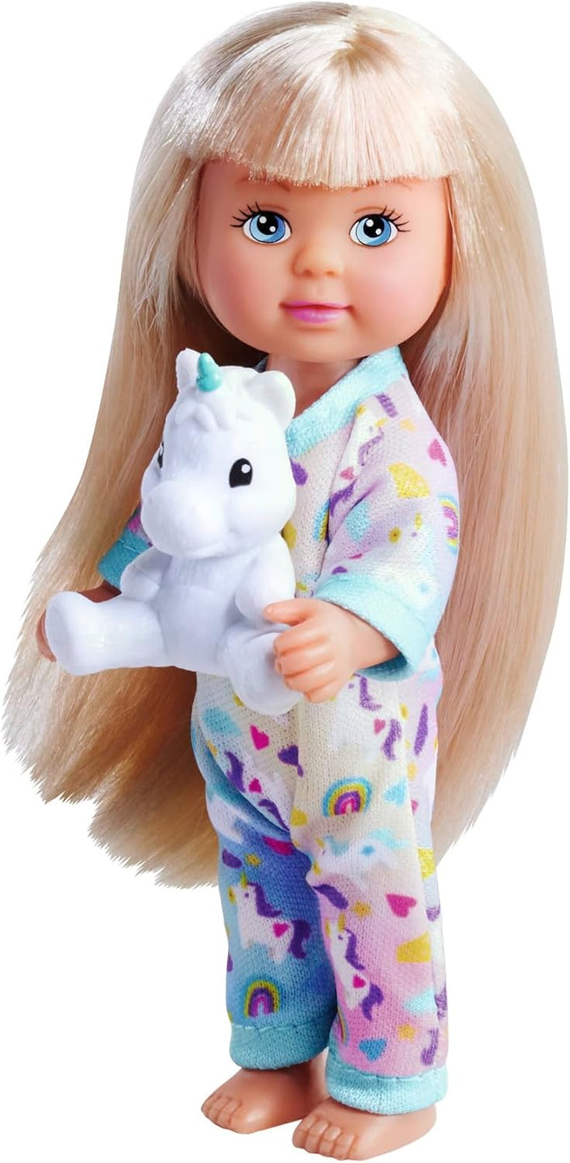 Pijama Simba Evi Love, 3 culori asortate, livrat doar un articol, păpușă în pijama drăguță cu jucărie de pluș unicorn, păpușă de joacă 12 cm, vârste 3+