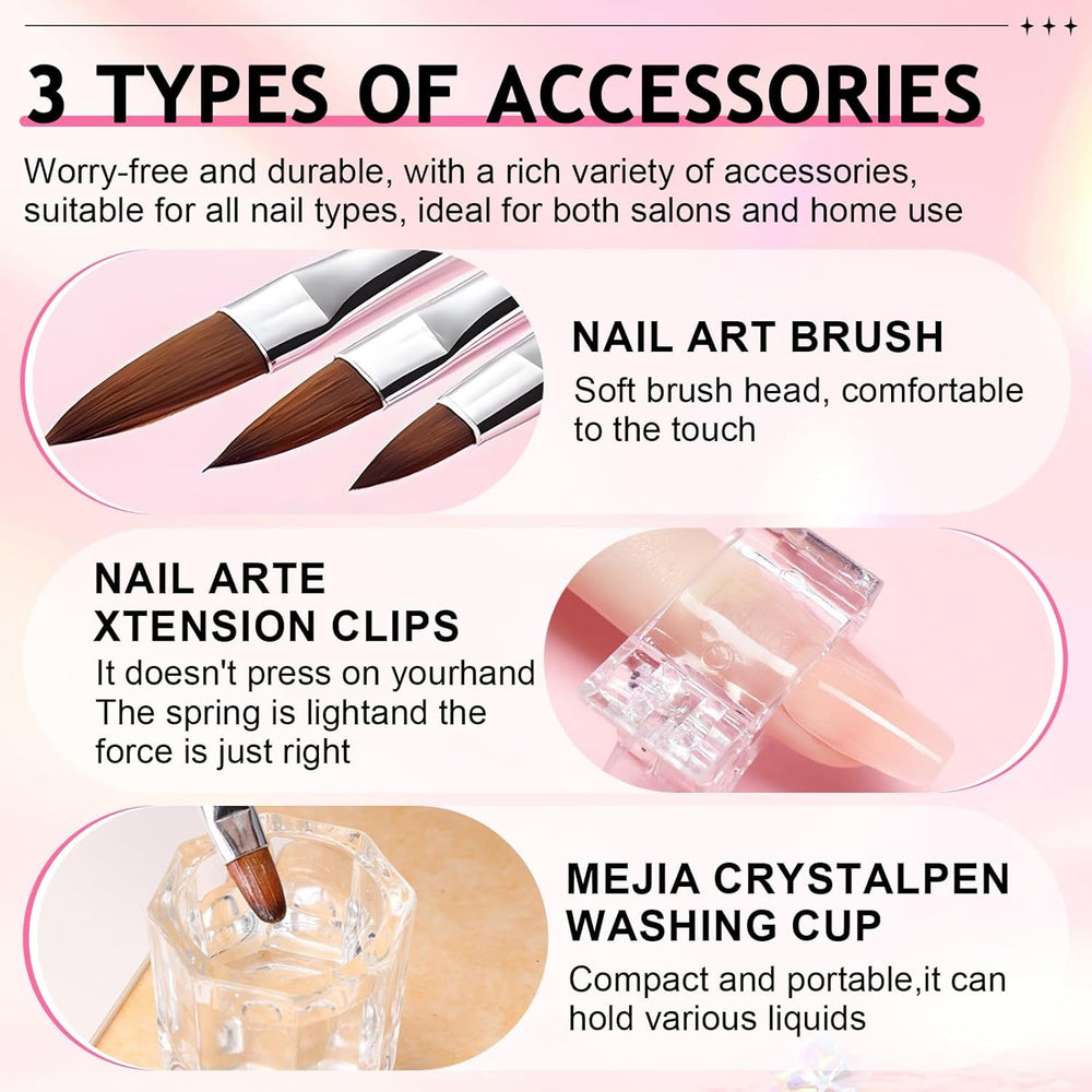 Soluție de unghii Polygel, Kit pentru unghii Poly Gel Slip Solution, Soluții lichide pentru unghii Polygel 75 ml, 5 cleme pentru vârfuri de unghii, 3 perii de unghii, 1 cupă de cristal, 100 foi de curățare