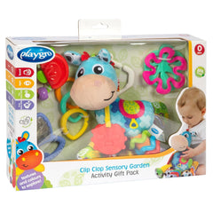 Pachet cadou cu activități Playgro Clip Clop Sensory Garden – jucărie senzorială pentru grădină pentru bebeluși de la 0 luni – jucărie interactivă cu zornăitoare, inel de dentiție și prieten pentru cărucior – 4 piese