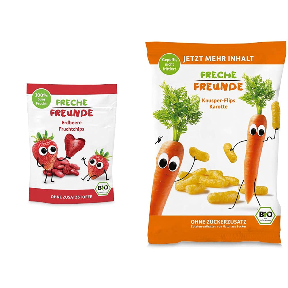 Organic Fruit Chips "100% Strawberry" Freeze Dried Strawberry Fruit Chips (12 x 12g) and New Organic Crunchy Corn and Carrot Flips, Organic Snack, From 1 Year, (9 x 30g) 270g