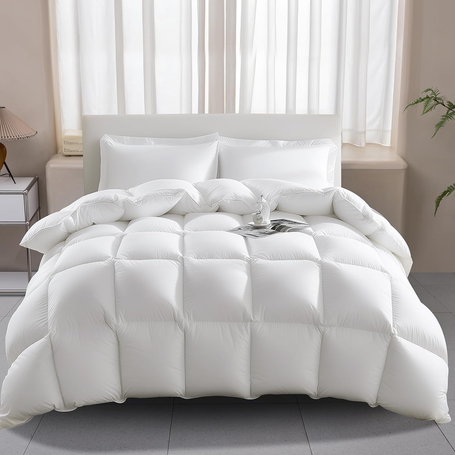 135X200 All Season Comforter 100% Cotton Goose Down Feather Comforter Thick Filled Feather Comforter No Live Plush Extra Fluffy Transitional Comforter 3D Baffle Box Single Bed White Quilts and Quilts Naty Shop Single 135 X 200 Cm