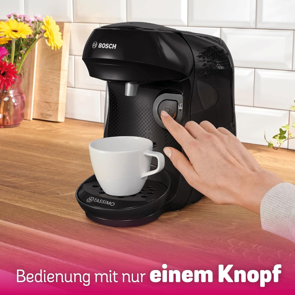 Espressor cu capsule Bosch Tassimo Happy Friendly TAS102E, peste 70 de băuturi, potrivit pentru toate tipurile de cești, oprire automată, sustenabil, dozat perfect, economisește spațiu, 1400 W, negru