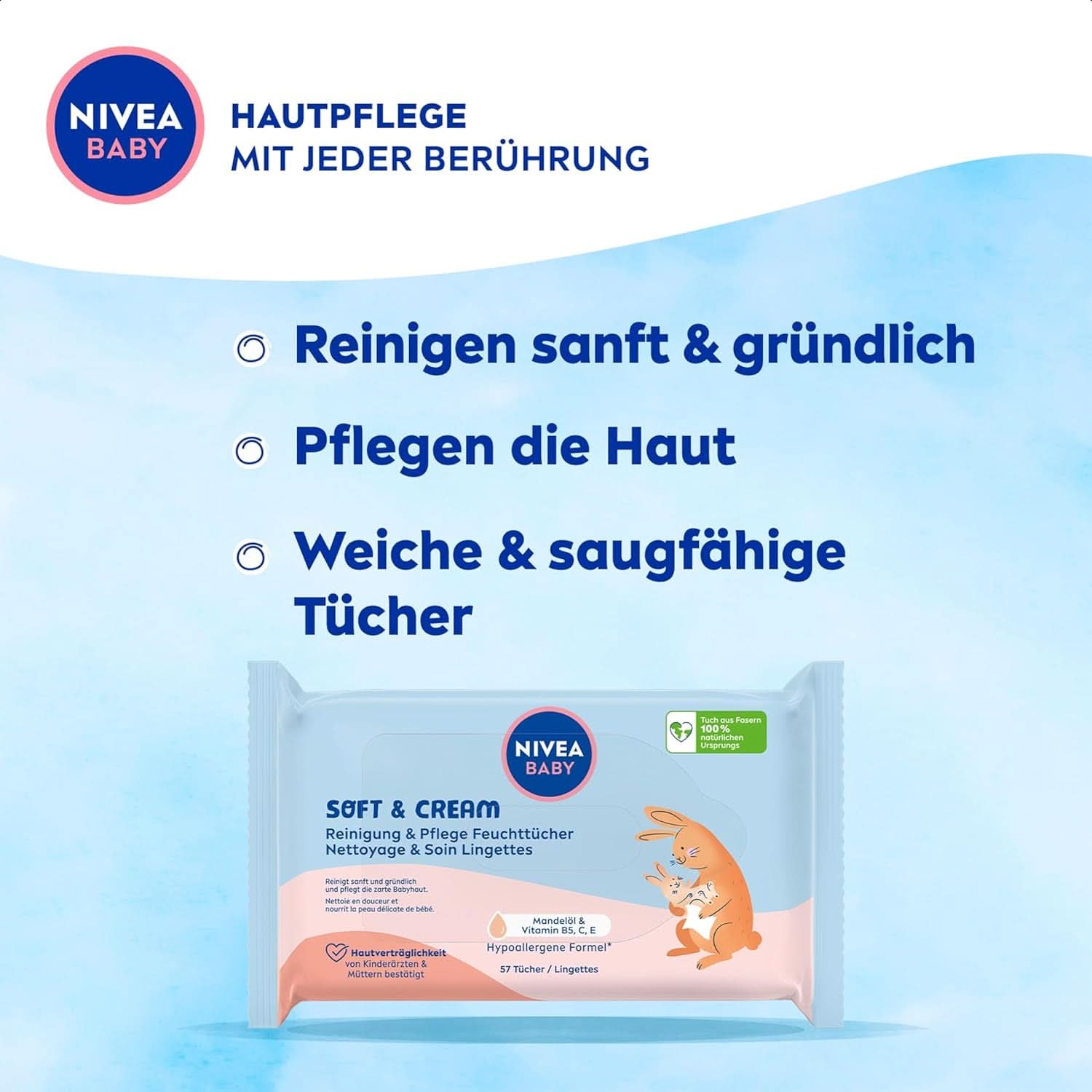 NIVEA Baby AQUA wet wipes, baby wipes for delicate cleaning of sensitive skin, hypoallergenic and fragrance-free wet wipes for babies with 99% water (4 x 57 pieces) Baby Wet Wipes Naty Shop