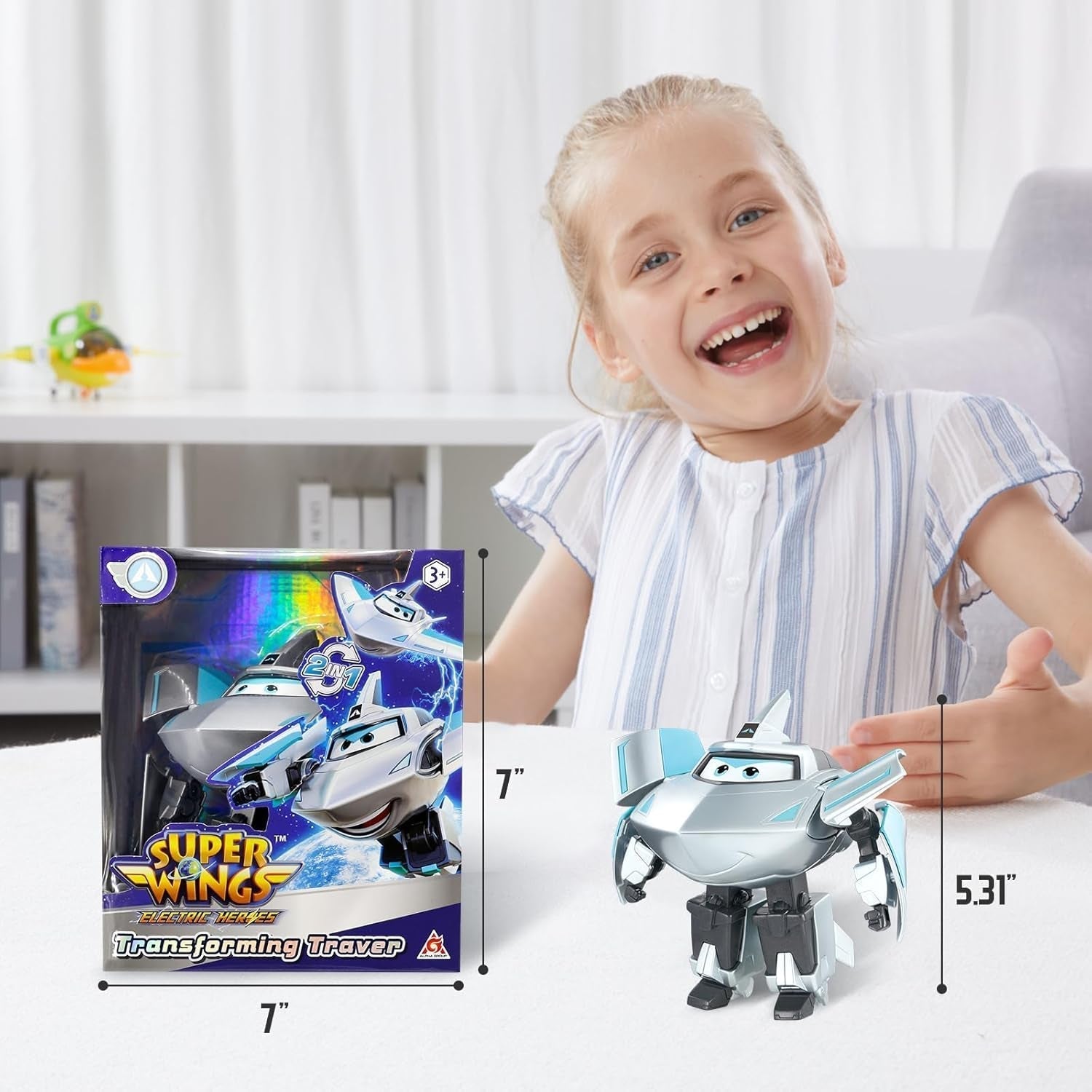 Super Wings Transformation Plane Supercharged Traver, Approx. 12.7 Cm Big Kids Play Figure Toy Airplane and Robot Figure for Boys and Girls Above 3 Years Old Silver Action Figures Naty Shop
