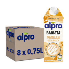 Alpro Barista Vanille – Zum Aufschäumen – Von Natur aus laktosefrei – Reich an Ballaststoffen, Calcium und Vitaminen – 8 x 750 ml – Haltbar