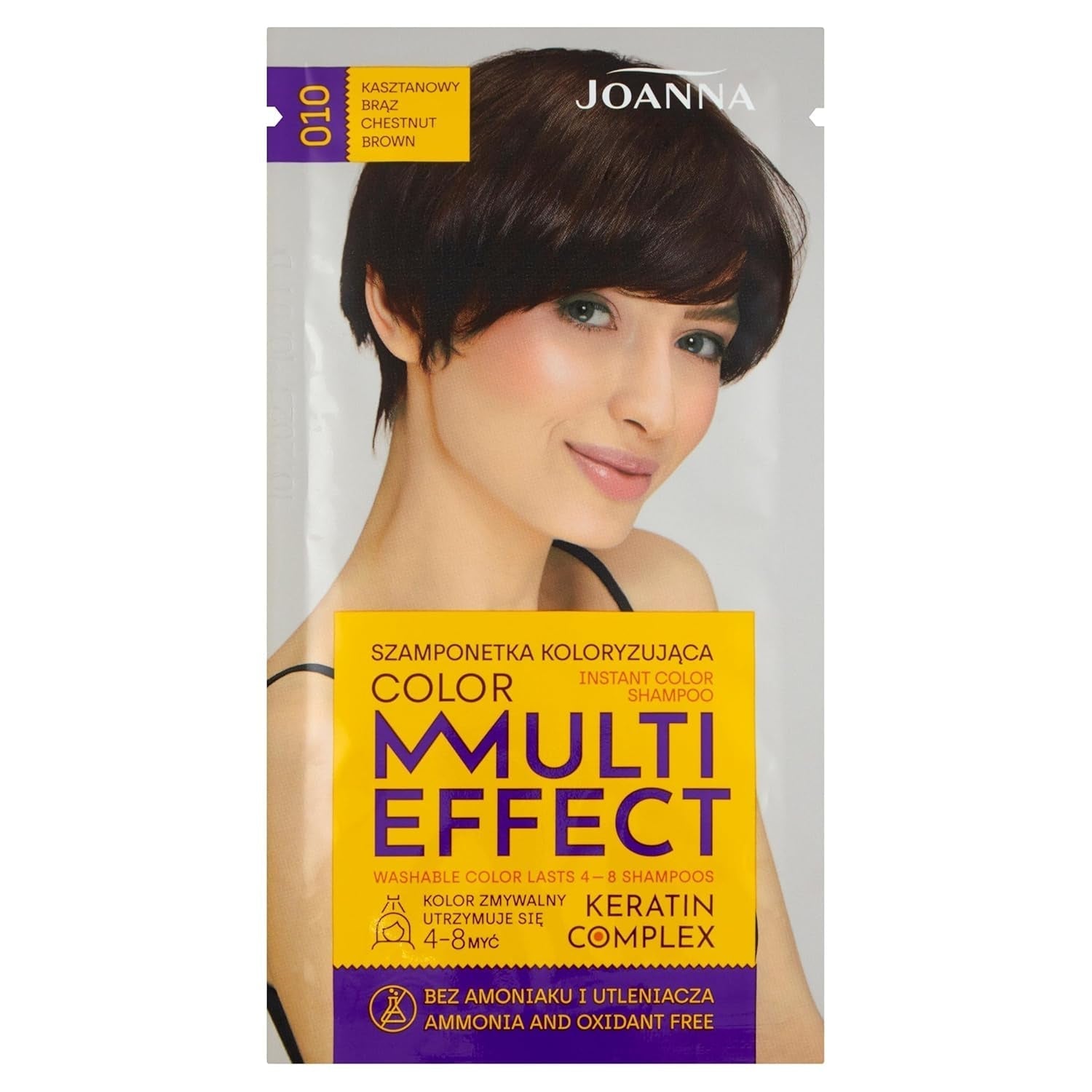 Șampon colorant Joanna "Multi Effect" - Șampon colorant pentru păr într-un plic - Rezistă între 4 și 8 spălări - Colorarea părului fără amoniac și agenți oxidanți - Cappuccino aromat Vopsea pentru par Naty Shop Castaniu
