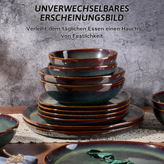 Set de veselă pentru 6 persoane, set de servire din gresie ceramică cu 24 de piese, set de veselă rotund neregulat cu farfurii, farfurii de desert, boluri pentru cereale, potrivit pentru cuptorul cu microunde și mașina de spălat vase, verde tundra reactiv