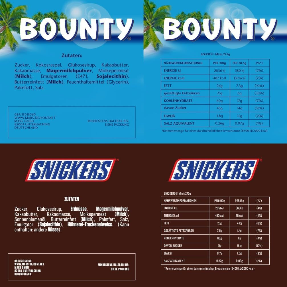 Mini chocolate mixed pack, 71 mini chocolate snacks (Mars, Snickers, Bounty, Twix, Milky Way) in the form of sweets, ideal for an American football night (1400g)