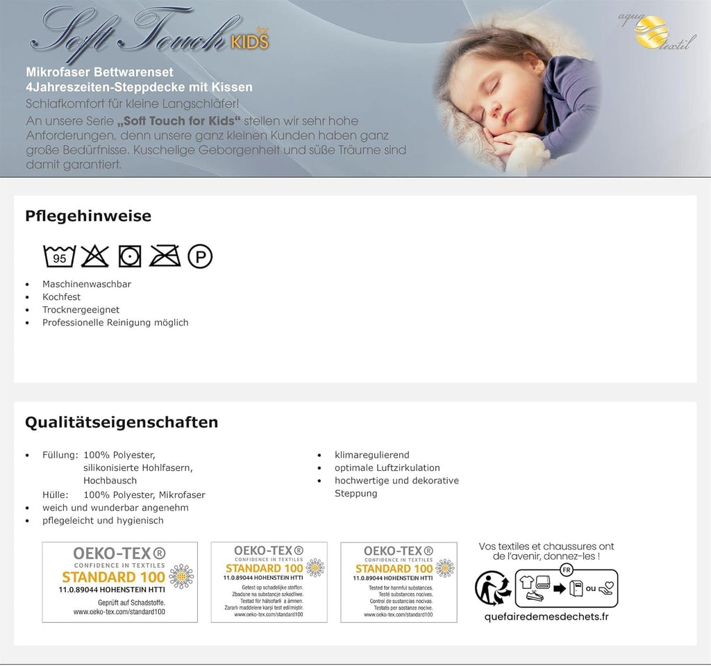 Aqua-Textil Soft Touch Set pentru copii Plapumă 100 X 135 Cm 250G și 350G cu pernă 40 X 60 Cm 150G Plapumă 4 anotimpuri Reglare climatică Oeko-Tex Plapumi si pilote Naty Shop