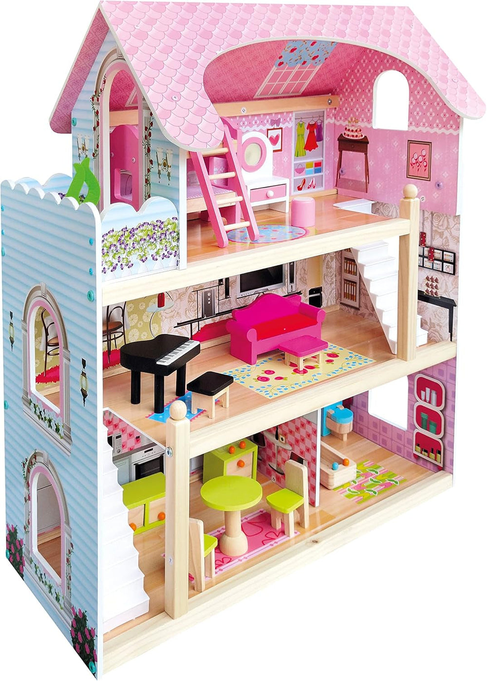 Bino World of Toys Dollhouse with balcony, Toy for toddlers from 3 years old, with 3 floors, stairs, 4 rooms and balcony incl. 15-TLG. Accessories, To promote children's skills, Pink design Naty Shop dollhouses