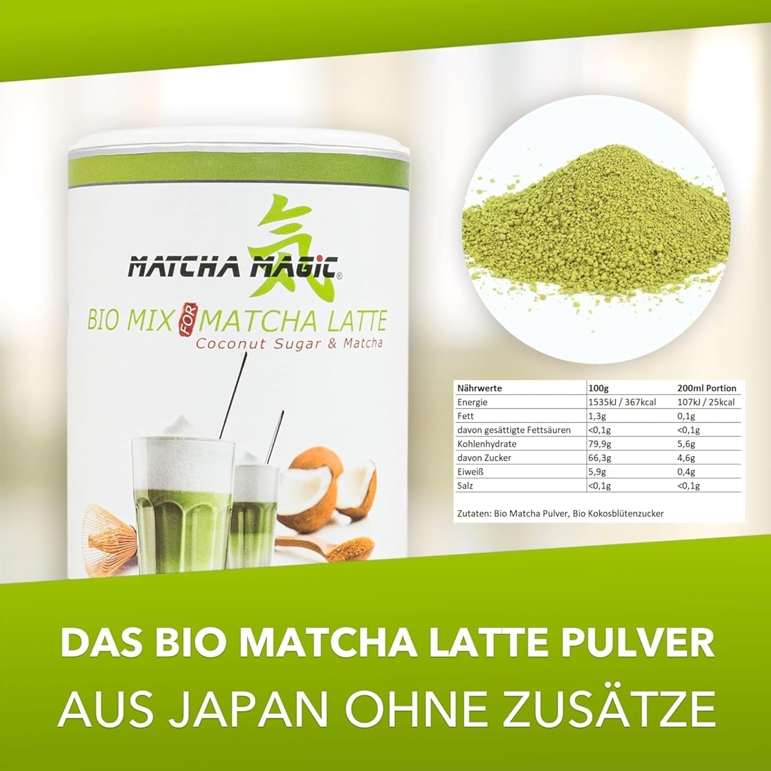 Matchamagic - Pudră de matcha latte bio din Japonia cu zahăr din floare de cocos pentru un ceai delicios