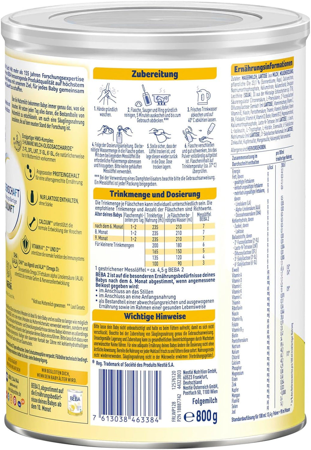 BEBA 2 - Follow-on milk after 6 months, with 5 HMO complex, age-appropriate protein content, lactose-free, palm oil-free, fish oil-free, baby food, baby milk powder, pack of 3 (3 x 800g)