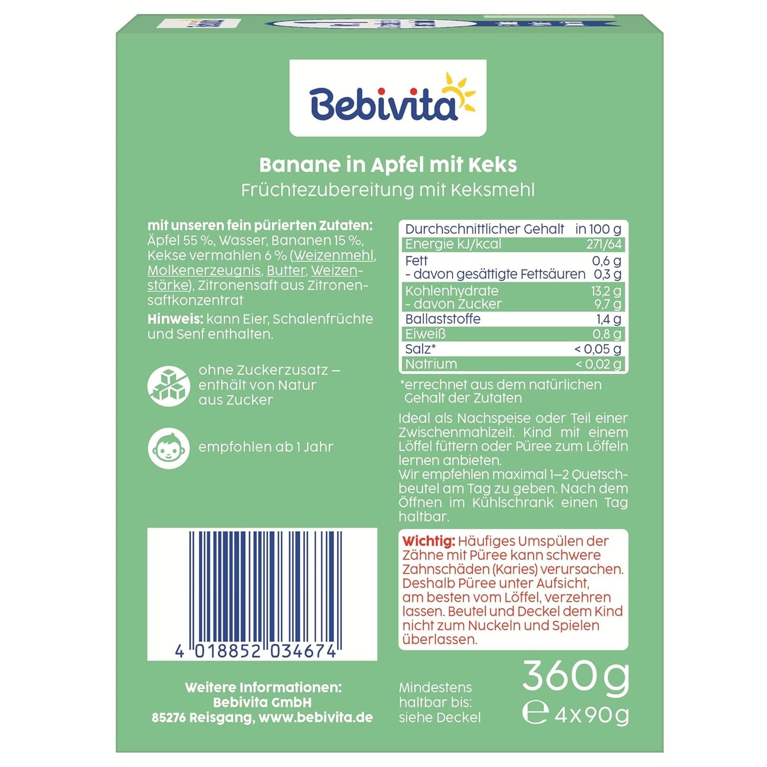 Banana in Apple with Biscuits Wrap - 16 pieces (4 packs, 4 x 90g each), no added sugar, made from mild fruit and wholesome grains, ideal for take-out and on-the-go snacks