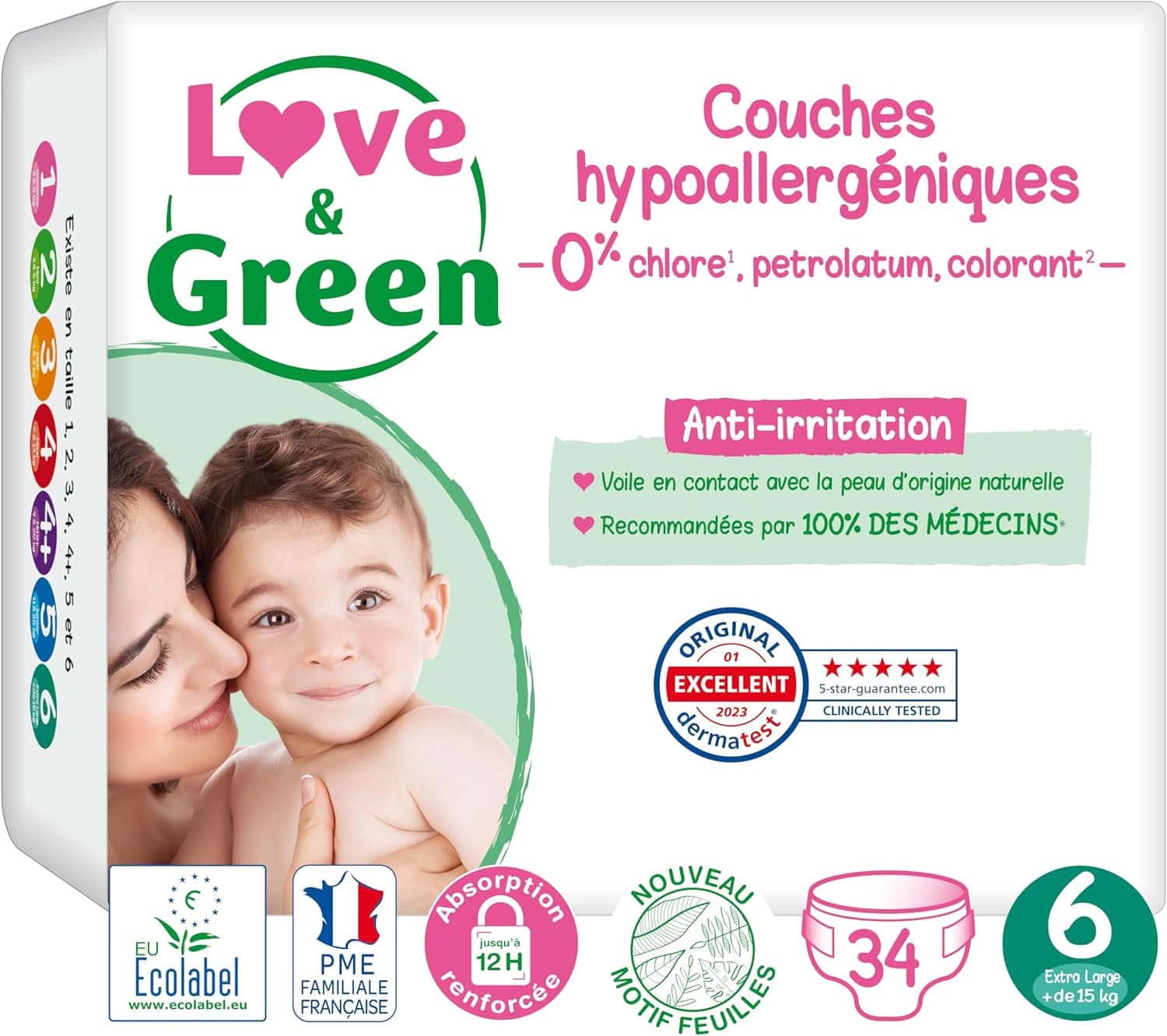 Love & Green, Diapers for babies, hypoallergenic, size 6 (34 units) Mother and Child Naty Shop