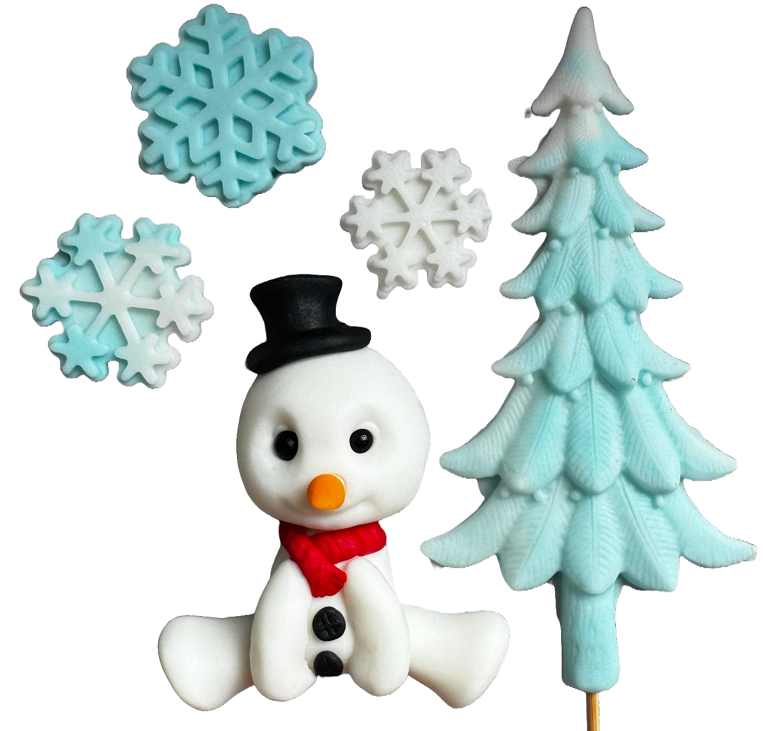 Set 5 decoratiuni comestibile din pasta de zahar, Om de Zapada, Fulgi de Nea si Bradut Decoratiuni din Pasta de Zahar Naty Shop