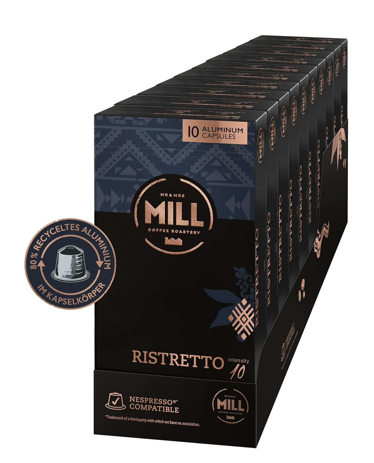Kaffeekapseln Ristretto, 100 Kapseln für Kapselmaschinen (10x10), 80% recyceltes Aluminium im Kapselkörper