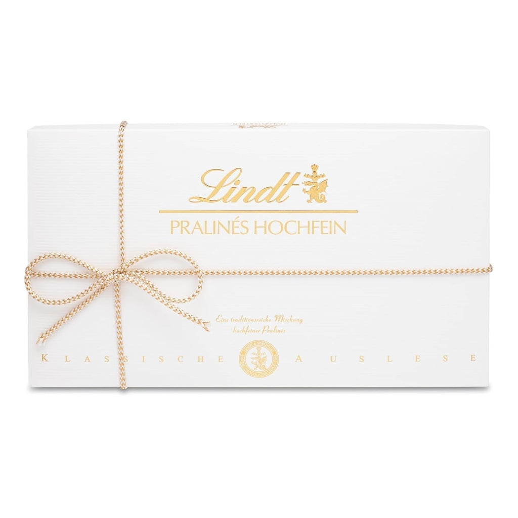 Lindt - Praline din ciocolata Hochfein,12 praline in 7 sortimente delicioase cu si fara alcool Bomboane de Ciocolata Naty Shop Pralinés Hochfein 350 grame
