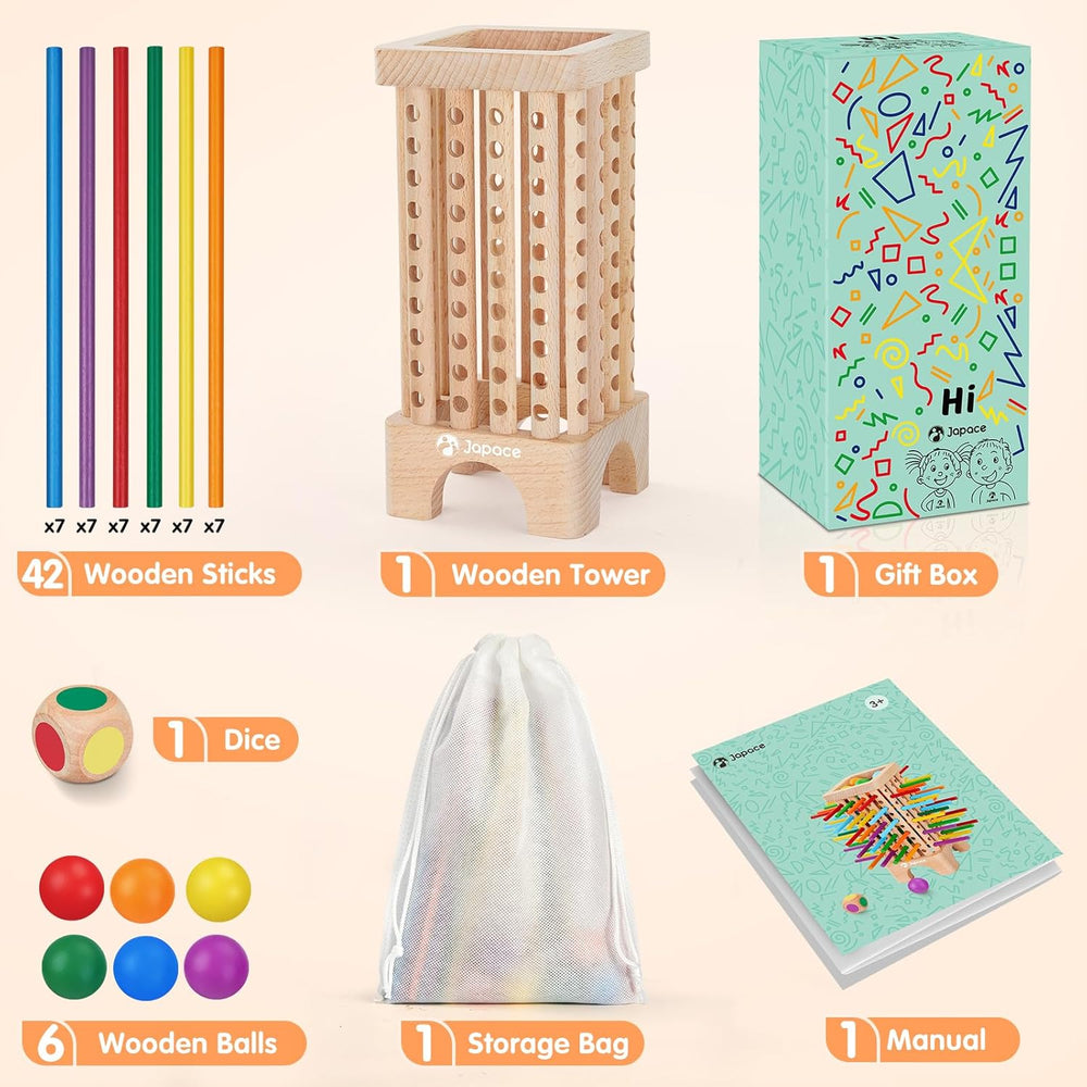 Joc de societate Montessori din lemn Japace, 42 de bețe de lemn colorate, joc de zaruri, jucărie de învățare a matematicii pentru vârste de 3, 4, 5, 6 ani, jucărie de motricitate fină și numărare, joc de familie, joc de călătorie pentru copii