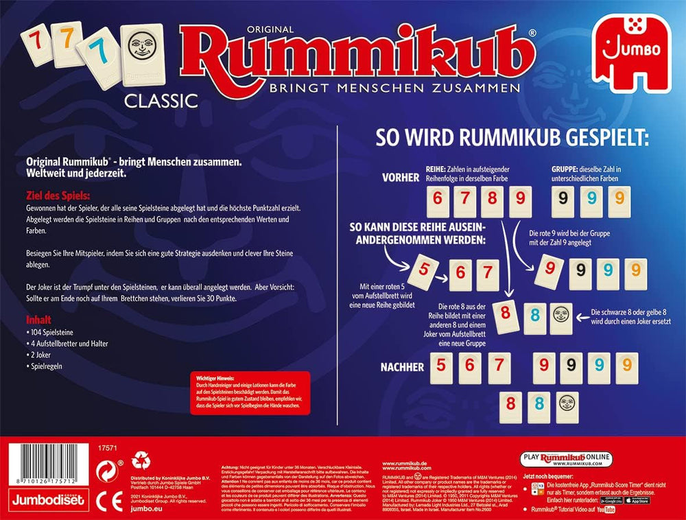 Jumbo Spiele Original Rummikub Classic - der Spieleklassiker unter den Gesellschaftsspielen - für Erwachsene und Kinder ab 7 Jahren JUM17571 Mehrfarbig 2,7 x 3,7 cm