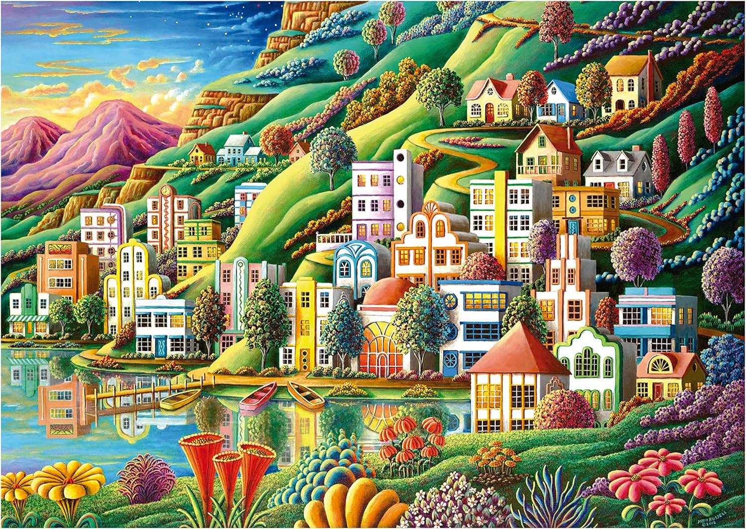 Educa - Puzzle 500 piese pentru adulți | Satul colorat de lângă lac, puzzle 500 piese pentru adulți și copii de la 11 ani, puzzle peisaj, ilustrație (19552) Puzzle Naty Shop