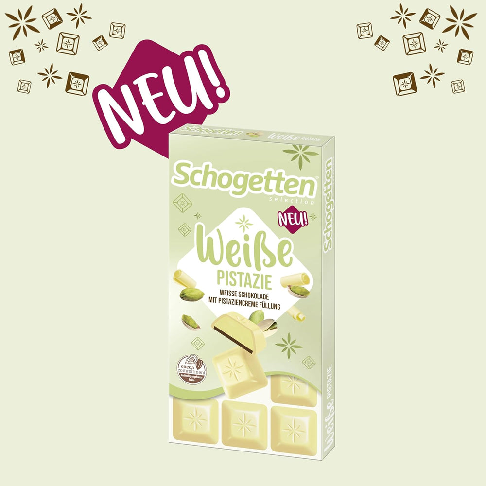 Schogetten White Pistachio | White chocolate with pistachio cream filling | 100 g | Conveniently Portioned (Pack of 3)