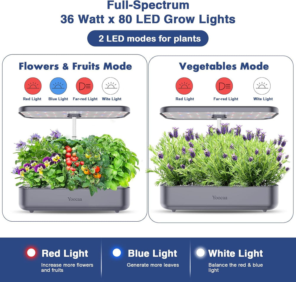12-Utensils Hydroponic Growing System, Indoor Herb Garden Set with LED Light, Smart Home Garden, Kitchen, Germination Kit with Automatic Timer (Grey)