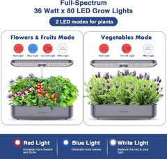 12-Utensils Hydroponic Growing System, Indoor Herb Garden Set with LED Light, Smart Home Garden, Kitchen, Germination Kit with Automatic Timer (Grey)