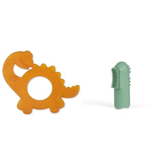 Inel de dentiție din cauciuc natural organic pentru bebelușii care își fac dentiția, masează gingiile, fără BPA, moale, promovează motricitatea fină, design cu dinozauri (639-V1) și periuță de dinți pentru degete din cauciuc natural