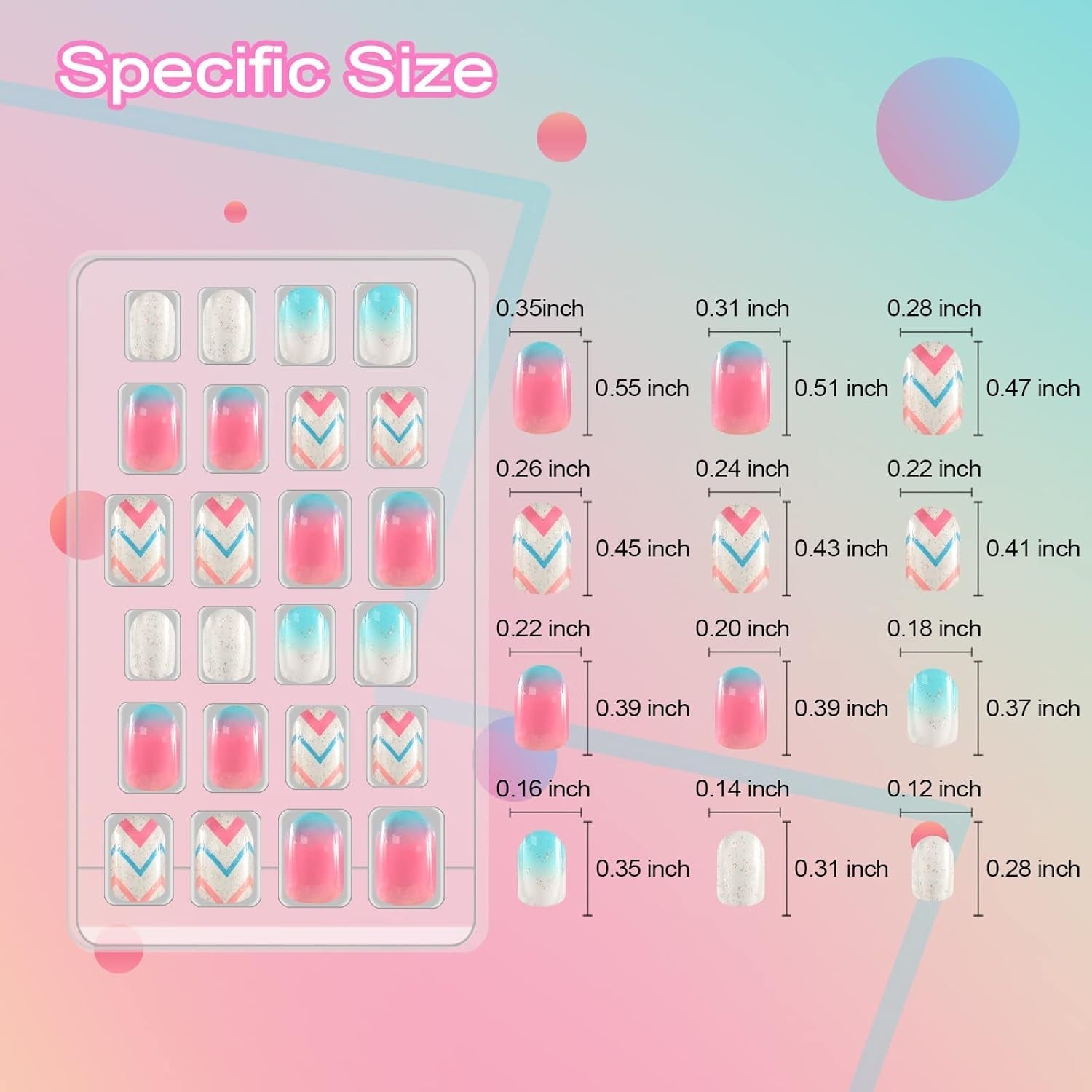 72 bucăți unghii pentru copii, pre-lipite, acoperire completă, sclipici, gradient de culoare, fundă, unghii artificiale scurte, cadou minunat pentru copii și fete, artă pentru unghii - sclipici curcubeu