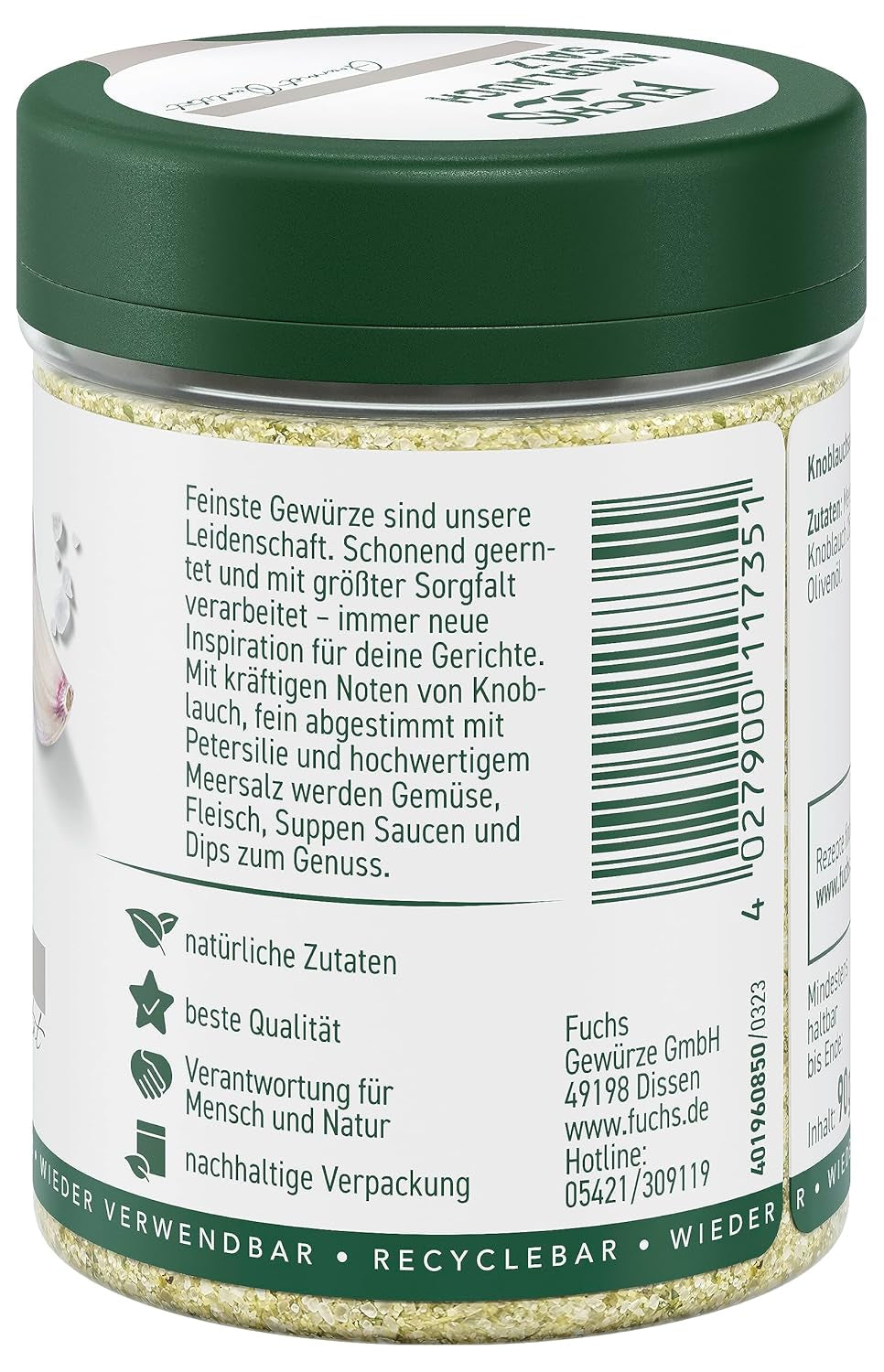Fuchs Gewürze - Knoblauchsalz - Gewürzsalz für Dips, Saucen und Gemüse - natural ingredients - 90 g in wiederverwendbarer, recyclebarer Dose