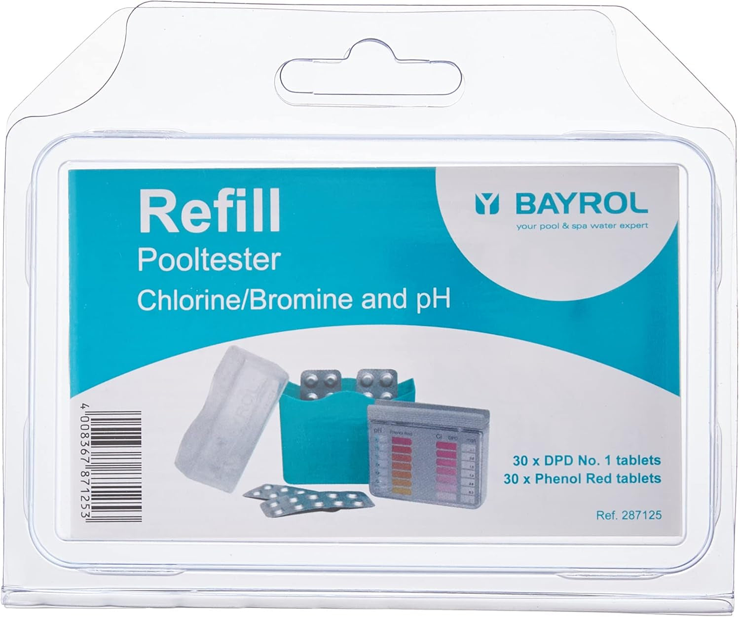 Tester de apă BAYROL pH/CI pentru piscine - Tester de apă pentru piscine - Valoare pH și clor liber - 2 x 20 tablete reactive, fiecare cu fenol roșu și DPD nr. 1 - Test de apă, pH-metru