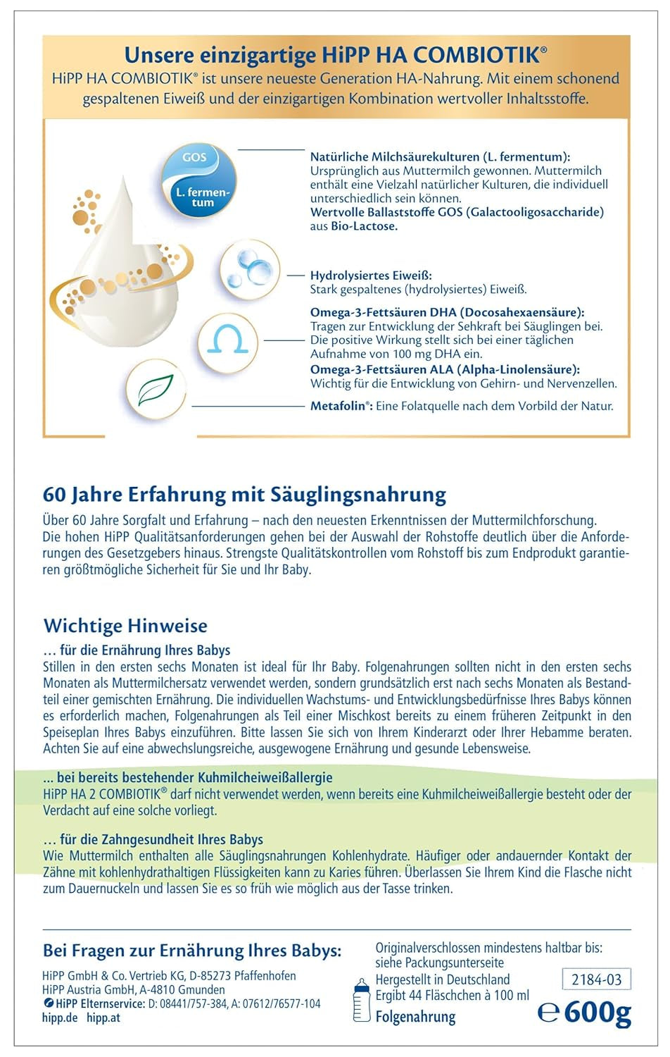 HiPP HA 2 Combiotik (4 x 600g) - Follow-up formula after 6 months, with natural cultures of lactic acid, valuable dietary fibers (GOS), Omega-3, hydrolyzed proteins for sensitive immune systems