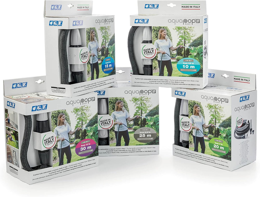 GF SRL, Aquapop Grey Easy 10, furtun împletit autoextensibil de 10 metri, fabricat în Italia, cu mini pulverizator de grădină și conectori pentru irigarea grădinii, gri închis