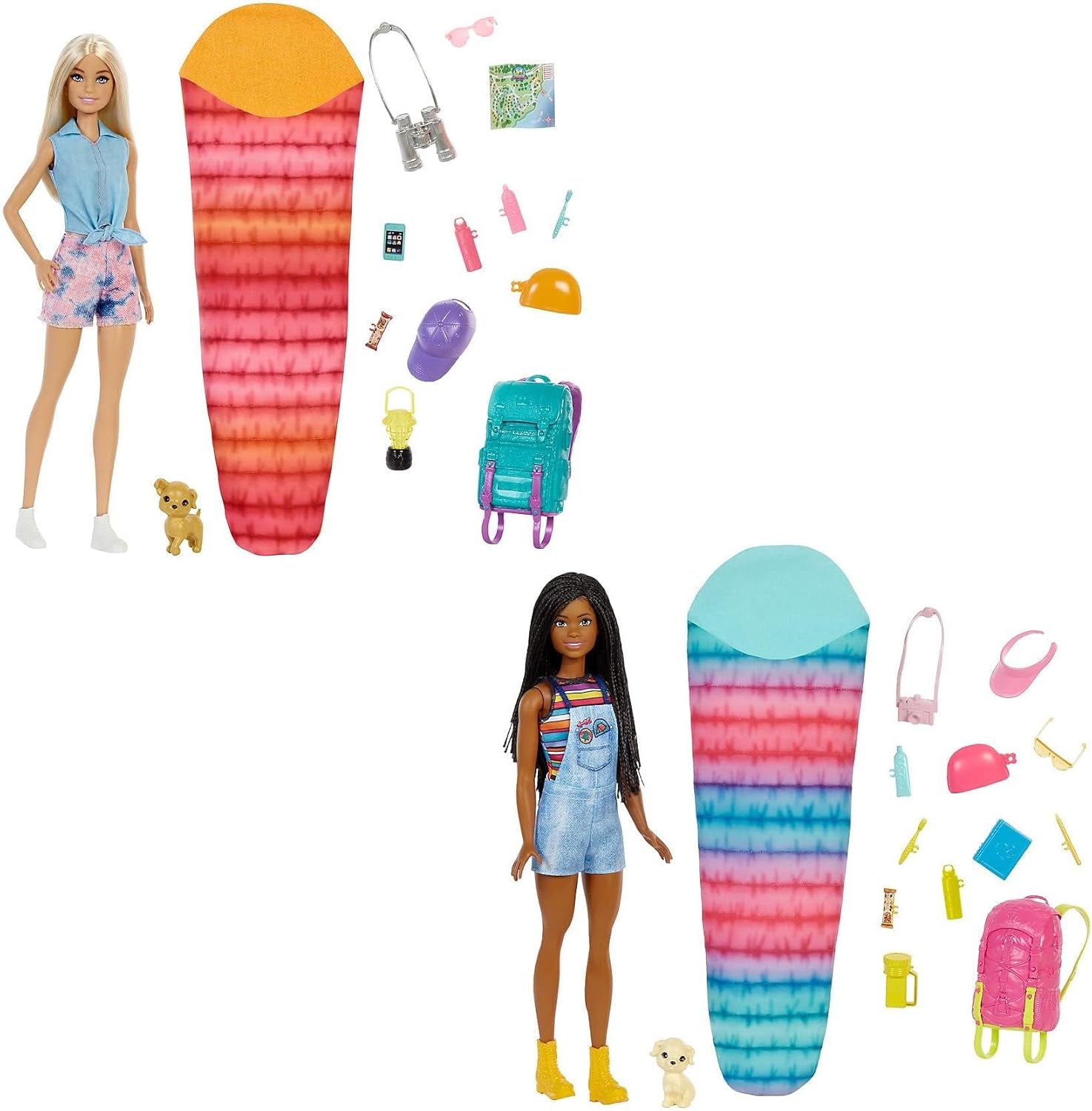 Păpușă Barbie HDF74 Twin Pack! Păpușă Brooklyn Camping (brunetă cu codițe împletite, aprox. 29 cm) cu cățeluș, rucsac, sac de dormit, 10 accesorii de camping, cadou pentru copii cu vârsta de 3 ani și peste