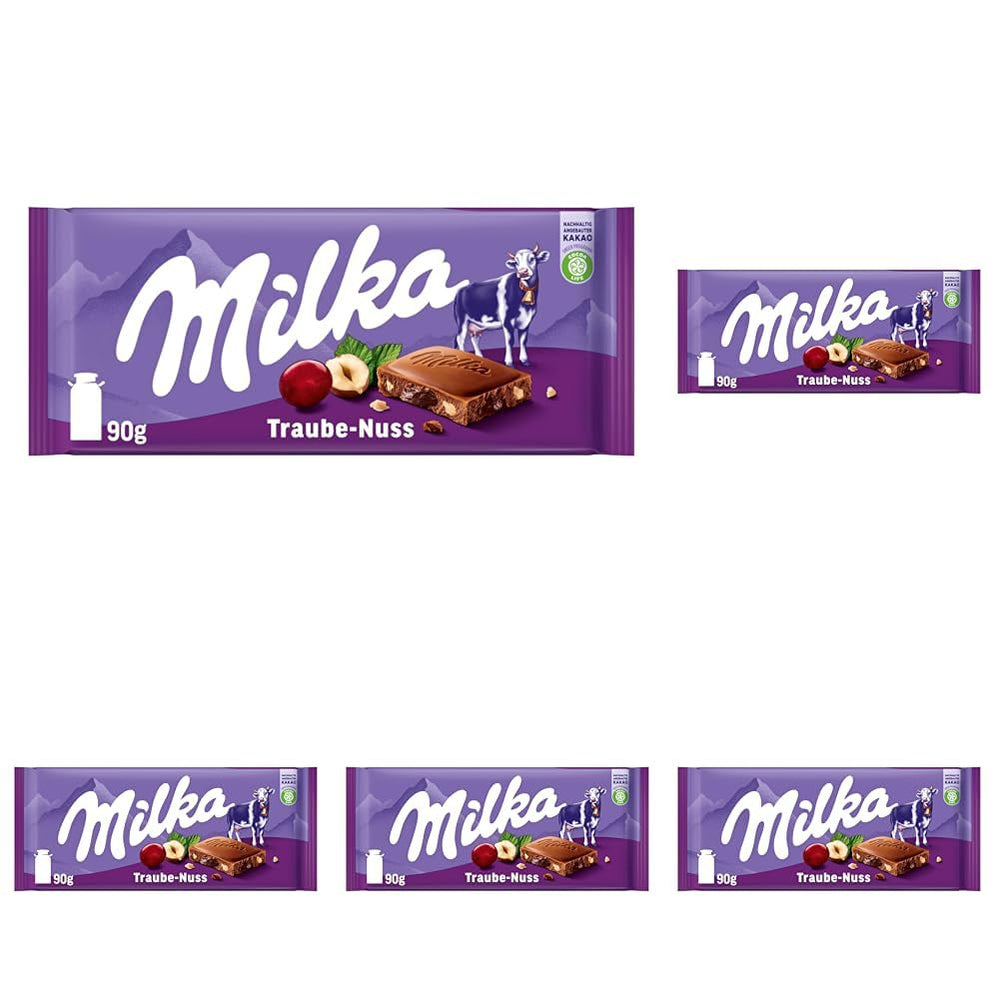 Milka Grapes and Hazelnuts – Alpine milk chocolate with pieces of hazelnuts and raisins – 90g