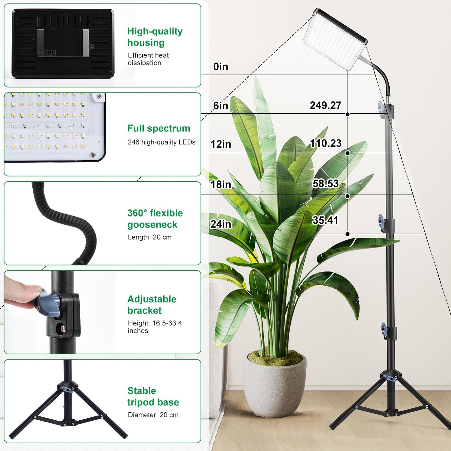 Full Spectrum LED Plant Light with Adjustable Stand, 246 LEDs with Timer and 9 Brightness Levels, Plant Light for Flowering Vegetables, Hydroponics and Seeds, for Beginners and Indoor Gardeners
