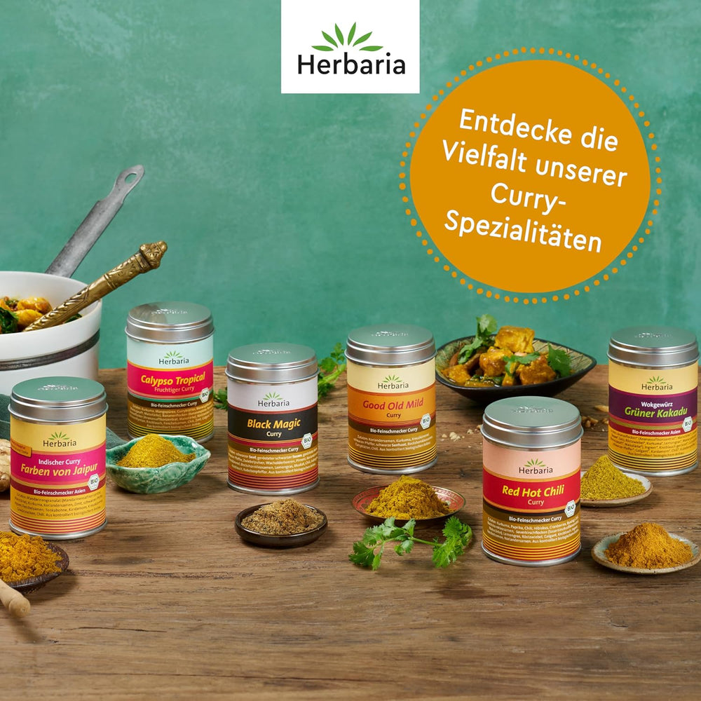 Herbaria Good Old Mild Curry bio 80g M-Dose – Currypulver, Currymischung - Bio-Gewürzmischung für klassische Curry-Spezialitäten z.B. Currywurst - erlesenen Ingredient in nachhaltiger Aromaschutz-Dose