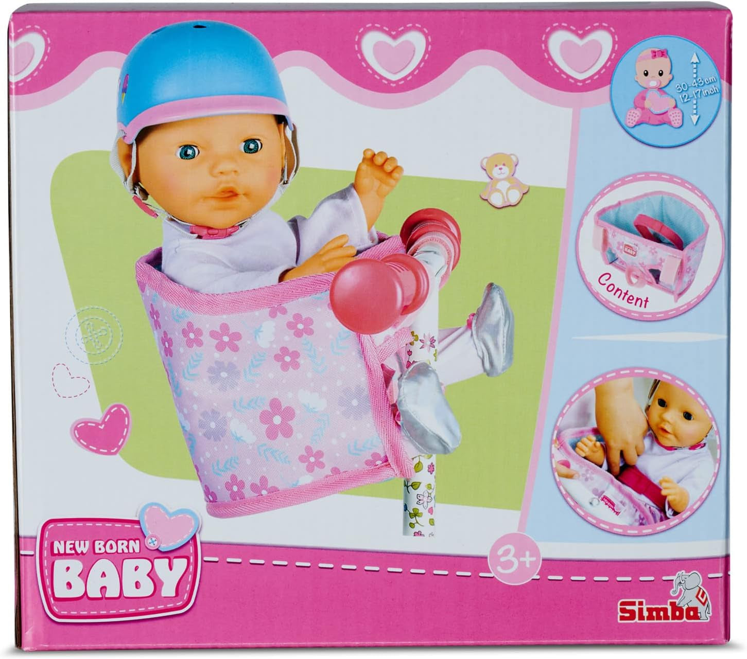 Simba 105560018 - Scaun de bicicletă pentru nou-născuți cu centură, accesoriu pentru păpușă, scaun din material textil, centură de siguranță, ghidon cu velcro, pentru păpuși de 30-43 cm, vârste 3+