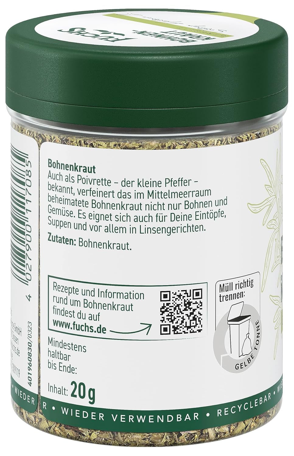 Fuchs Gewürze - Bohnenkraut gerebelt - ideal for Gemüsegerichte, Bohnengerichte oder Eintöpfe - natural ingredients - 20 g in wiederverwendbarer, recyclebarer Dose