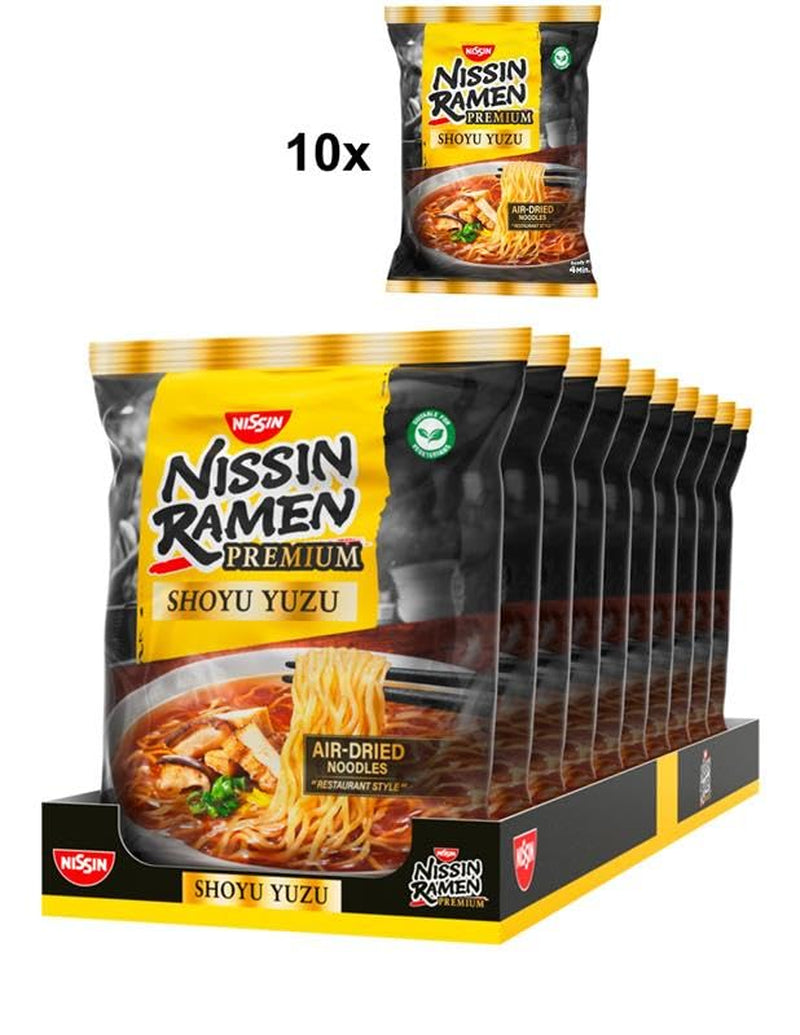 Nissin Ramen Premium - Shoyu Yuzu 10 Pack Japanese Style Air Dry Instant Noodles Flavored with Yuzu Soy Sauce and Dried Leek (10 x 92.7g)