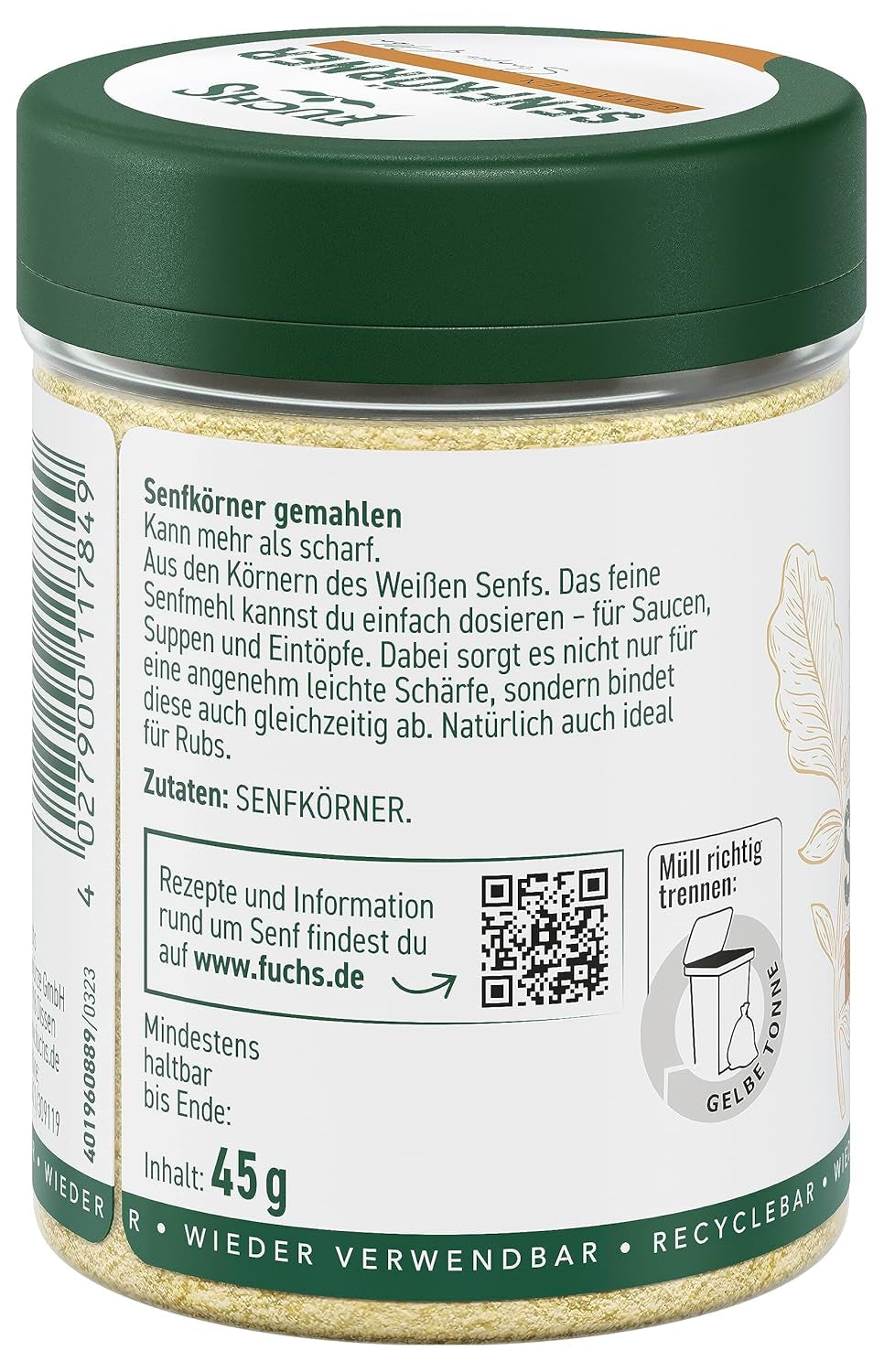 Fuchs Gewürze - Senfkörner gemahlen - für die Zubereitung von Rubs, zum Verfeinern von Suppen und Saucen - natural ingredients - 45 g in wiederverwendbarer, recyclebarer Dose