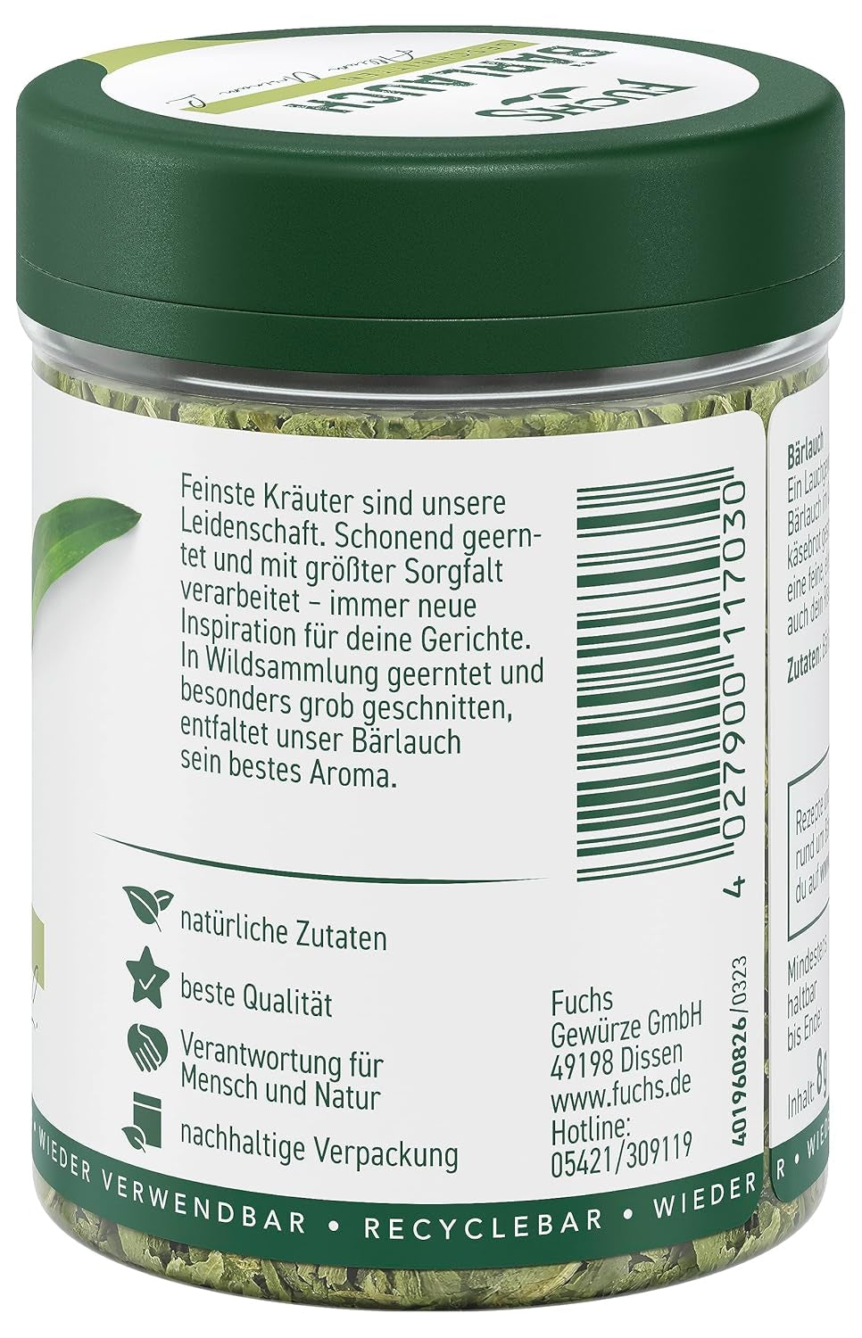 Fuchs Gewürze - Bärlauch geschnitten - würzige Schärfe für Quark-Dips, Frischkäse oder Risotto - natural ingredients - 8 g in wiederverwendbarer, recyclebarer Dose