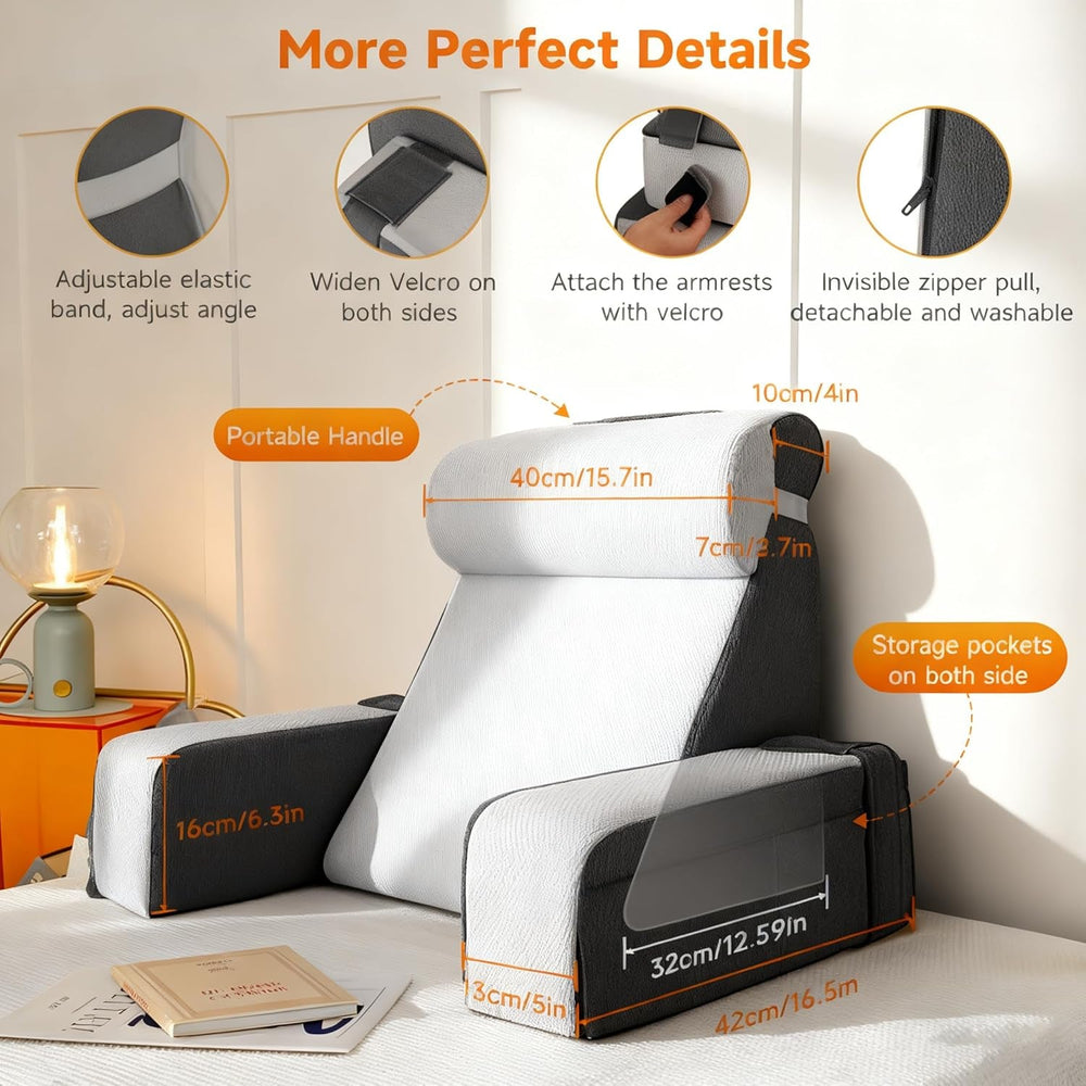 Pernă mare de citit cu suport pentru gât și cotiere detașabile, pernă pentru spate pentru pat, pernă ergonomică pentru spătar cu braț, buzunar și husă lavabilă pentru citit și vizionat la televizor.