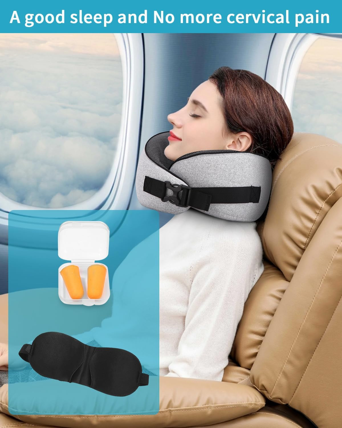 Aeroplane Neck Pillow, pernă de călătorie cu spumă de memorie, pernă pentru gât pentru adulți, pernă de avion reglabilă și lavabilă, pernă de călătorie ergonomică (gri) Perne ortopedice cervicale Naty Shop